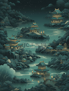 深绿牛蛙插画图片_中国风古建筑河流拱桥山脉插画5