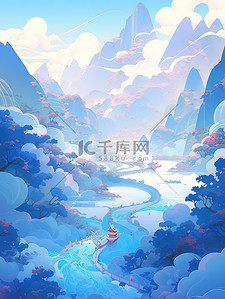 中国风卷轴画插画图片_河山图梦幻般的插图风格卷轴画8