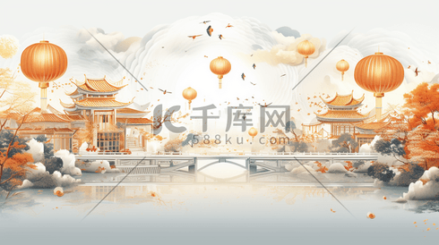 中国风唯美古建筑风景插画3