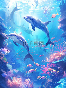 海豚插画图片_海底世界珊瑚礁中的海豚16