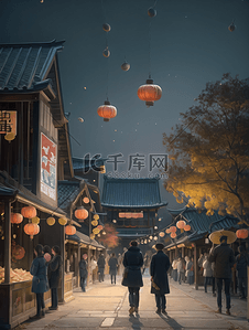 夜晚街边行人插画古风街道场景