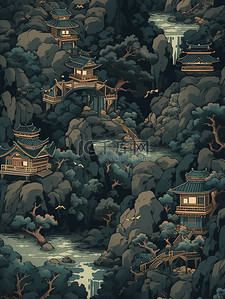 中国风古建筑河流拱桥山脉插画2