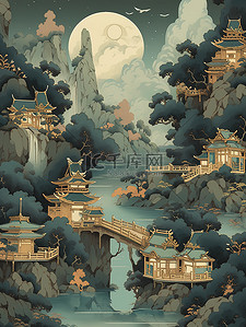 深绿牛蛙插画图片_中国风古建筑河流拱桥山脉插画1