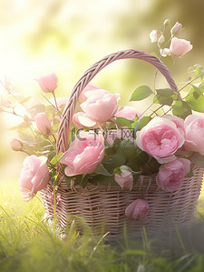 粉色浪漫玫瑰花束插画图片_草坪上一篮淡粉色玫瑰5
