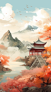 秋天的山插画图片_秋天风景中国风国潮秋天山水秋天景观