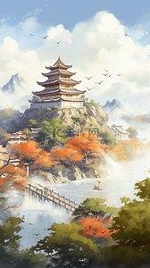 秋天的山插画图片_中国风国潮山水秋天景观秋天风景