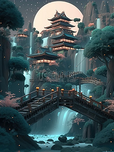 深绿牛蛙插画图片_中国风古建筑河流拱桥山脉插画17