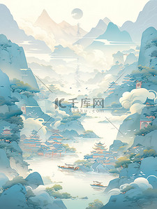 中国风卷轴插画图片_河山图梦幻般的插图风格卷轴画16