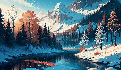 自然风景水插画图片_手绘初冬红叶满山溪水倒影风景雪景