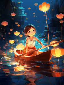 水面上的小船插画图片_唯美梦幻荷花小船上的女孩卡通插画17