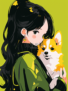 卡通可爱小狗女孩插画图片_动漫绿衣女孩和柯基犬