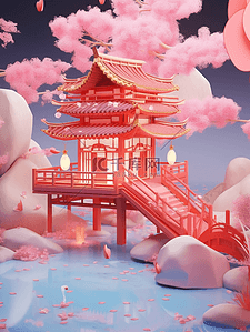 中国风c4d插画图片_3D立体七夕中国风场景插画粉色的亭子