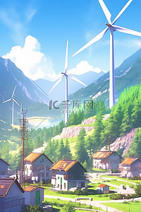 创意大风车插画图片_环保节能大风车绿色乡村插画