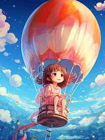 彩色唯美热气球上的少年卡通插画3