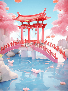 中国风c4d插画图片_3D立体七夕中国风场景插画粉色牌坊拱桥