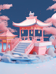 粉色立体风插画图片_3D立体七夕中国风场景插画粉色亭子一个