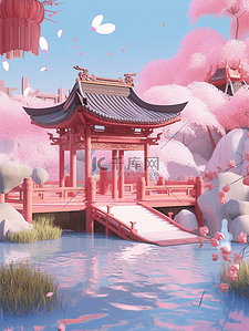 3D立体七夕中国风场景插画湖中央的亭子