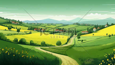绿色大气乡村环保生态手绘插画