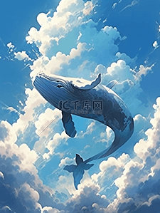 卡通动漫鲸鱼插画图片_唯美梦幻空中遨游的鲸鱼卡通插画6