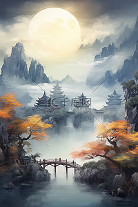 中国风大气静谧中秋明月插画背景