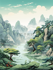 中国风唯美山水风景插画1