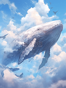 卡通动漫鲸鱼插画图片_唯美梦幻空中遨游的鲸鱼卡通插画11