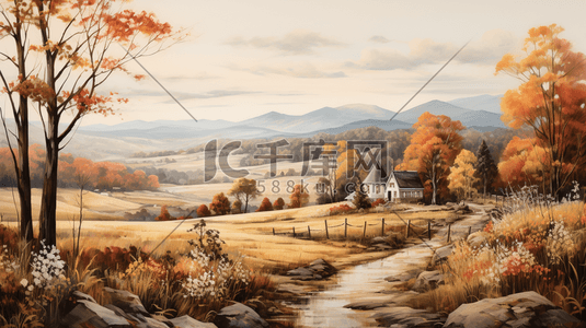水彩画秋天风景秋天的村庄