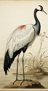 古风优雅的黑颈鹤中国风国画仙鹤