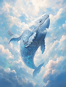 卡通动漫鲸鱼插画图片_唯美梦幻空中遨游的鲸鱼卡通插画1