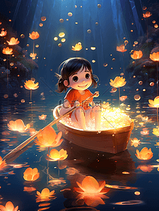 水面上的小船插画图片_唯美梦幻荷花小船上的女孩卡通插画1