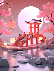 C4D风插画图片_3D立体七夕中国风场景插画粉色园林的场景