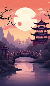 中秋节圆月手绘扁平化海报背景
