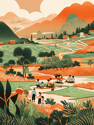 彩色唯美乡村田野风景插画18