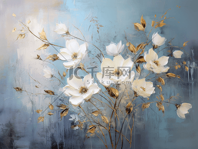 白色背景插画图片_鎏金花朵油画质感精致的白色花朵
