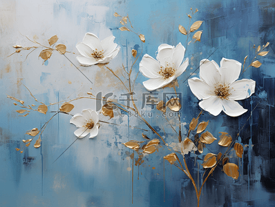 金白色背景插画图片_油画质感白色花朵鎏金花朵
