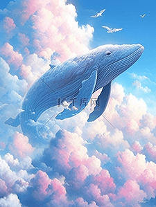 卡通动漫鲸鱼插画图片_唯美梦幻空中遨游的鲸鱼卡通插画5