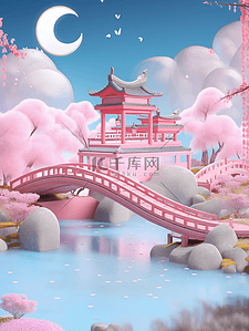 粉色电商插画图片_3D立体七夕场景插画粉色温馨的场景