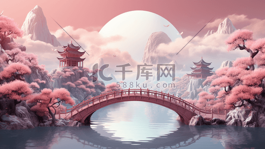 3d浪漫插画图片_七夕节粉色浪漫3D鹊桥场景