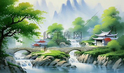 新中式水墨风插画图片_中国传统绘画唯美乡村插画
