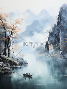 中国诗意插画图片_中国传统水墨轻舟过万重山20