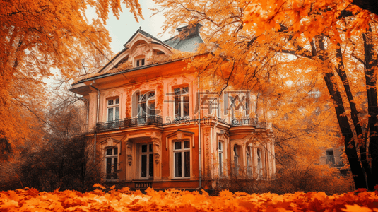 秋季壁纸插画图片_一座有橙叶的房子秋天秋季风景