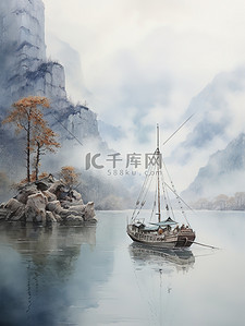 传统水墨山插画图片_中国传统水墨轻舟过万重山18