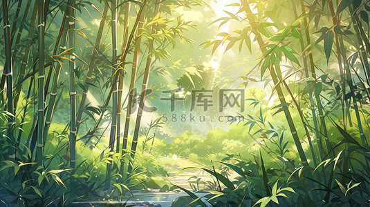 舒适宁静的居住插画图片_阳光绿色的竹林夏天宁静14