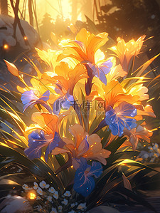 太阳光线插画图片_清晨森林阳光紫色的花朵6