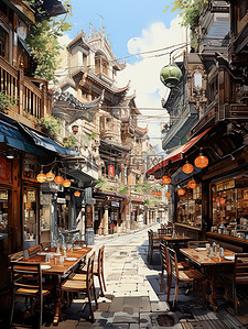 商业街插画图片_中国古镇繁华的商业街15