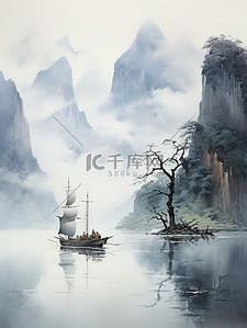 中国诗意插画图片_中国传统水墨轻舟过万重山10