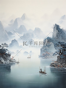 中国诗意插画图片_中国传统水墨轻舟过万重山14