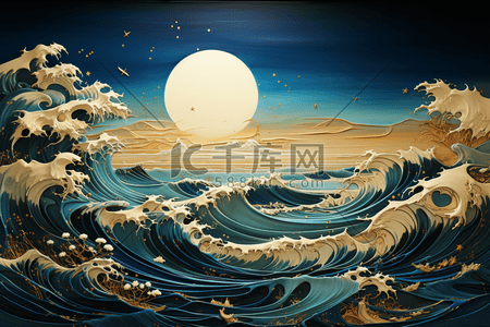 潮起新国货插画图片_海浪潮起烫金日出海面中国风国潮