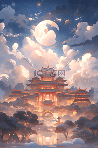 天上的星亮晶晶插画图片_天上宫阙中国风建筑梦幻插画