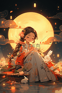 中秋节满月下的女孩和兔子中国风插画